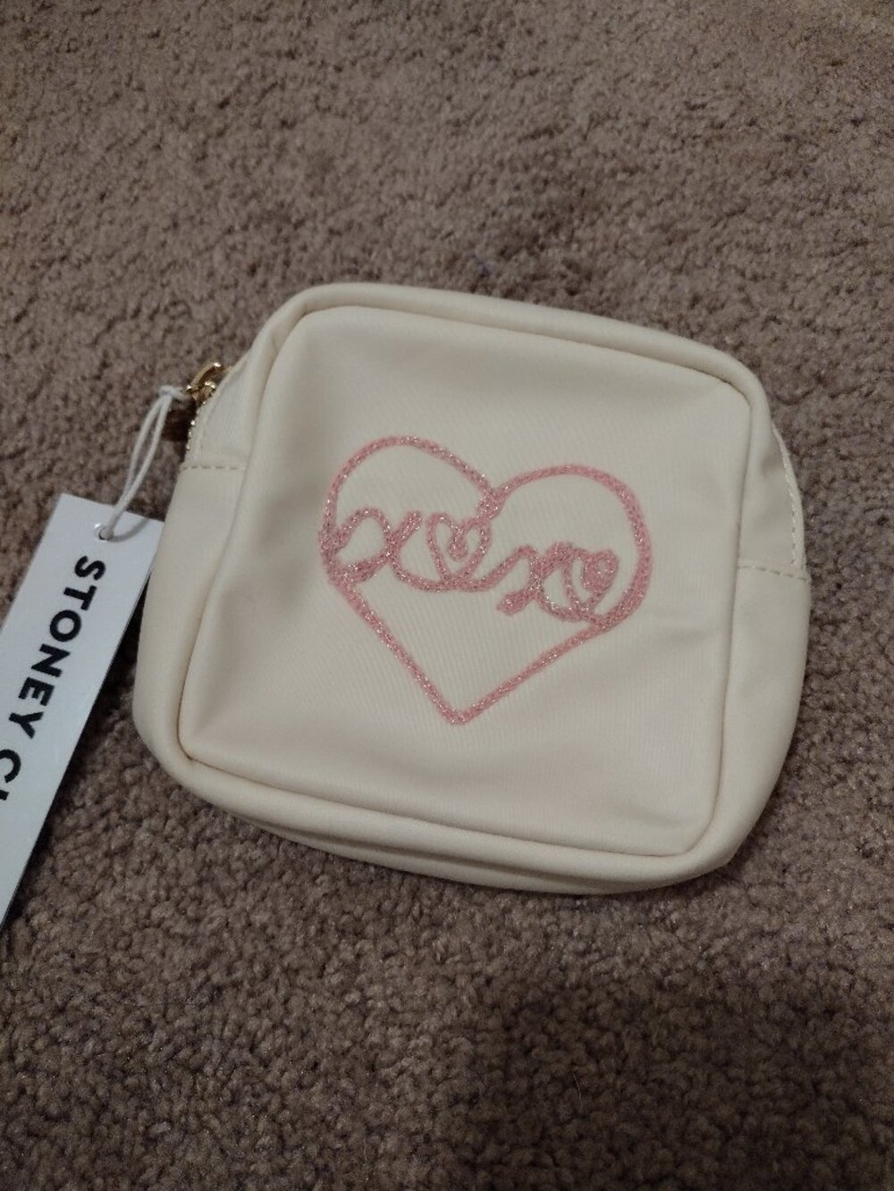 NWT Stoney Clover Lane buttercream mini pouch w/ xoxo embroidery in sparkly pink